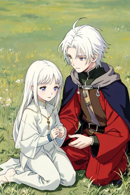 masterpiece, anime style, best quality, 2 children, in a field, 1boy and 1girl, white hair, medieval