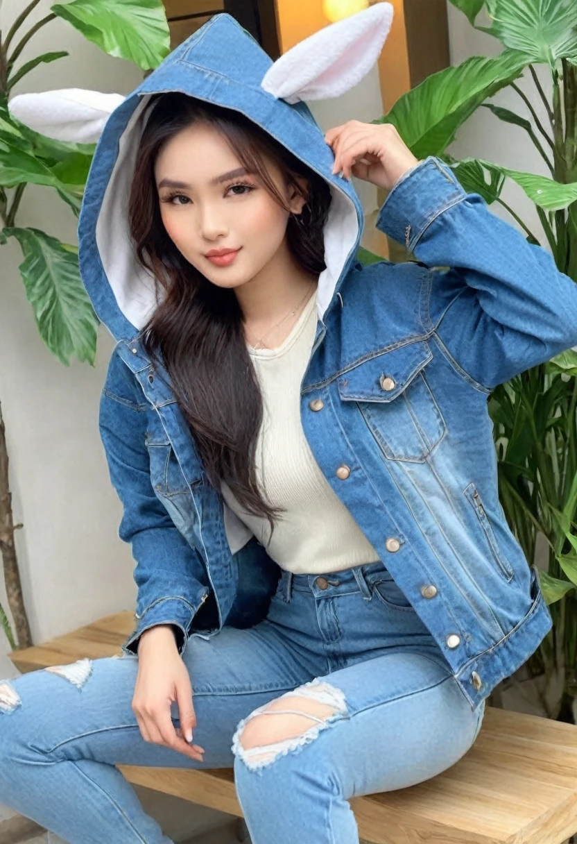 ((Best high quality:1.2)), (8k), extremely detailed, ((High detail:1.2)), (HotLexi woman), Solo, ((24 years old pretty perfect Vietnamese female:1.4)), ((denim pants, hooded jacket with ears)),,