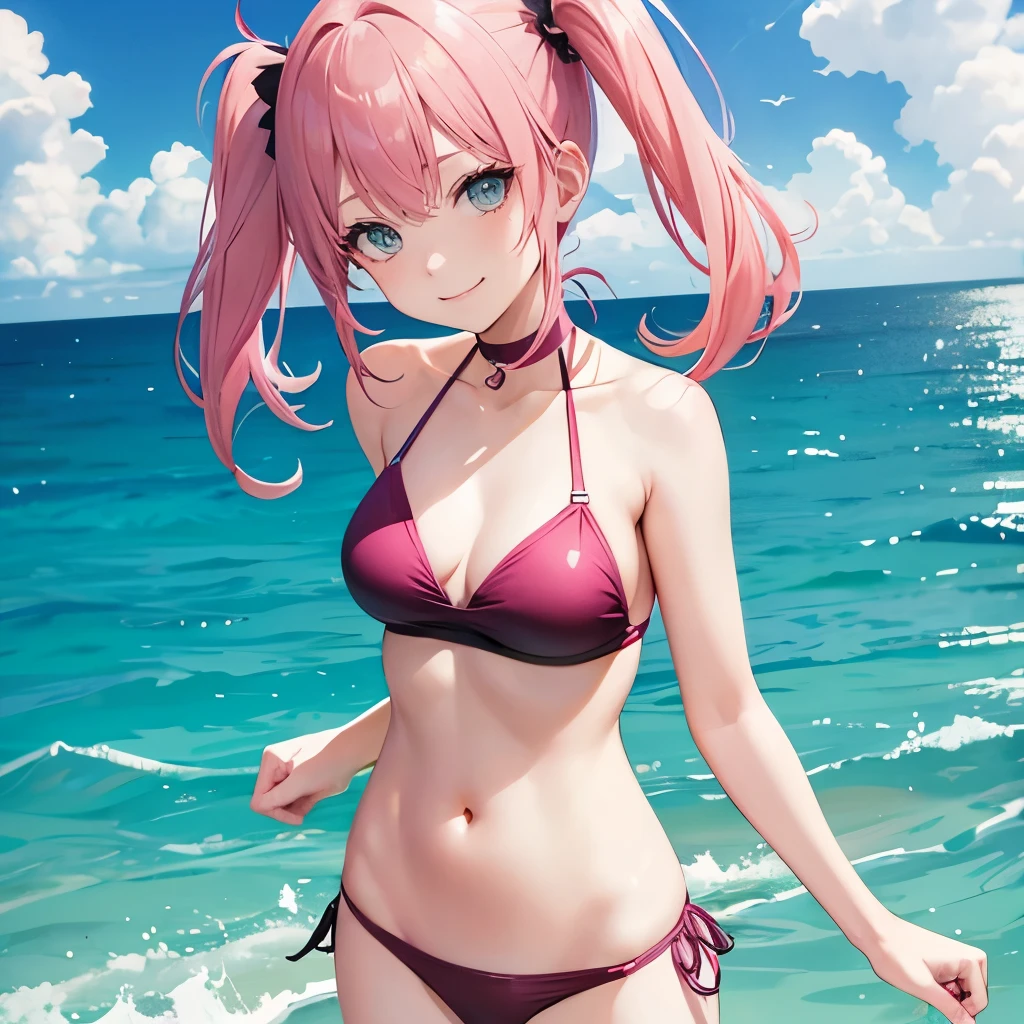 Pink Haired Girl　Ocean　High cut swimsuit　Petite　slender　Fearless smile　Twin tails　Turning around