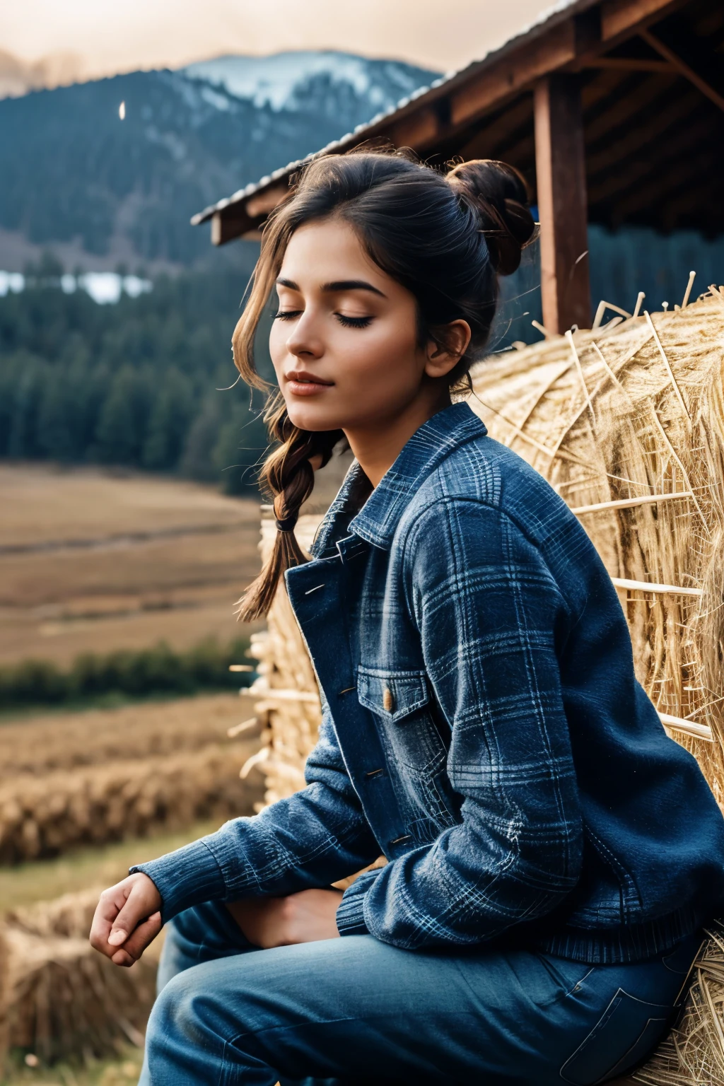 indian Woman, 21 year old, plaid shirt, night time, in a barn sitting on bale of hay, in a mountain village, calm and frosty, detailed body, detailed face, oily body, gorgeous, ultra realistic, charming, cute, messy short, braided hair in bun, ambient lighting, foggy, winter, detailed background, volumetric lighting, shadow, 8k, (small breasts), (eyes closed), (mouth open), side view, full body