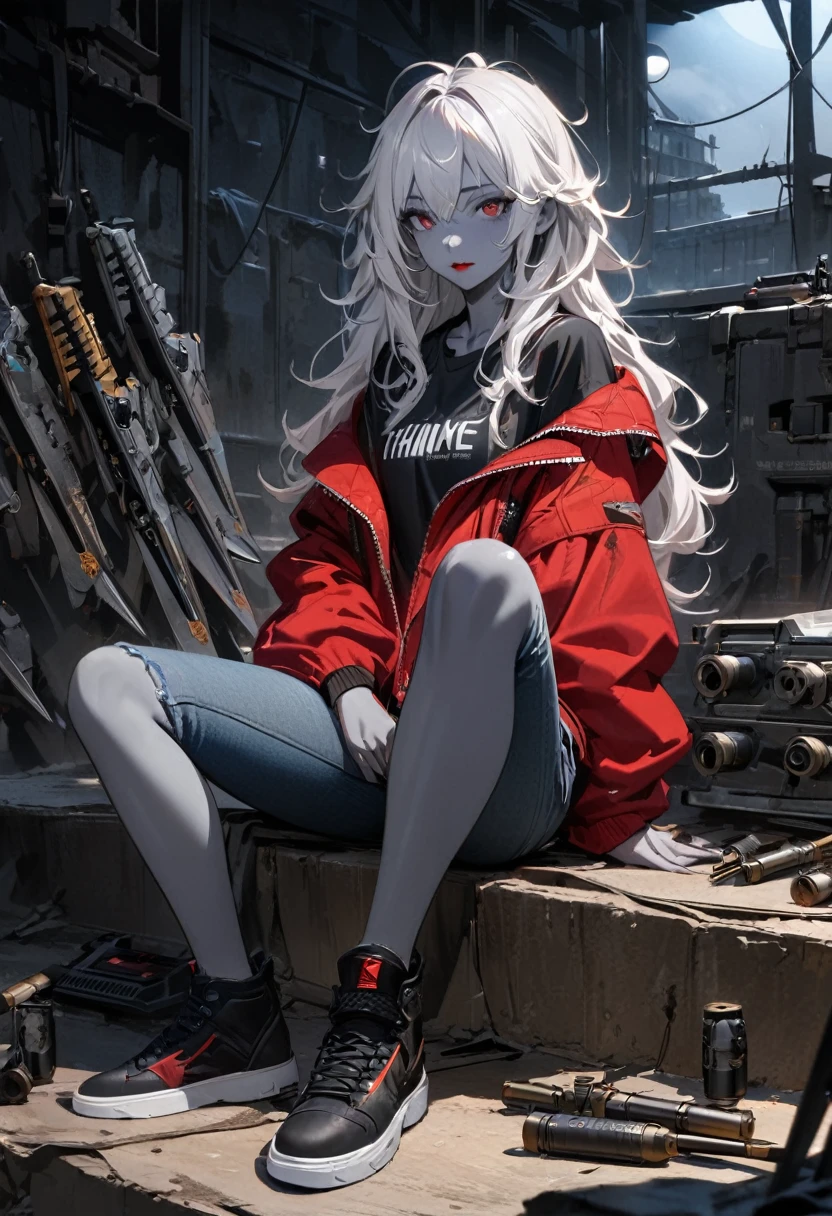 (Science Fiction Fantasy), (masterpiece), (Professional oil painting) (best quality), (8k resolution), (1 beautiful girl), ((Gray skin)), (Iron Gray Skin), ((jeans)),(Red Jacket)), ((Wear a black T-shirt underneath), ((Red lipstick)), ((Black sneakers)), (Concept Art), Small chest, (Long hair), (Messy hair), (White hair), (Iron gray hair), ((Have future weapons)), (ammunition), ((Moonlight at night)), (Sit and think))