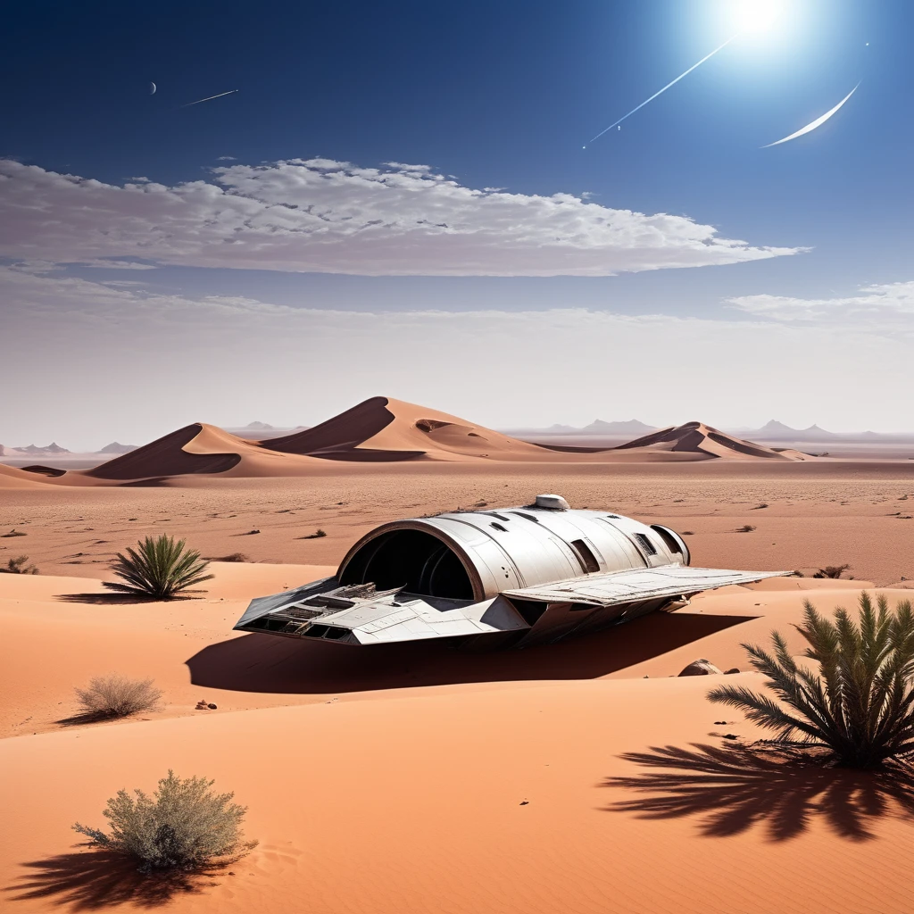 Desert landscape with a crashed space ship