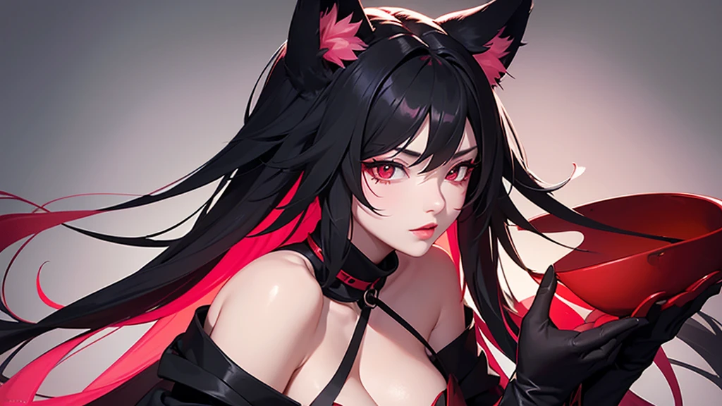 Black simple background。
A lustful virgin sits drunk and red faced。
Long light pink hair and wolf ears。Red eyes。Heavy makeup。
Ninja costume with main color black and sub color red。
Side angle close-up of cleavage。
Draw hands in detail。