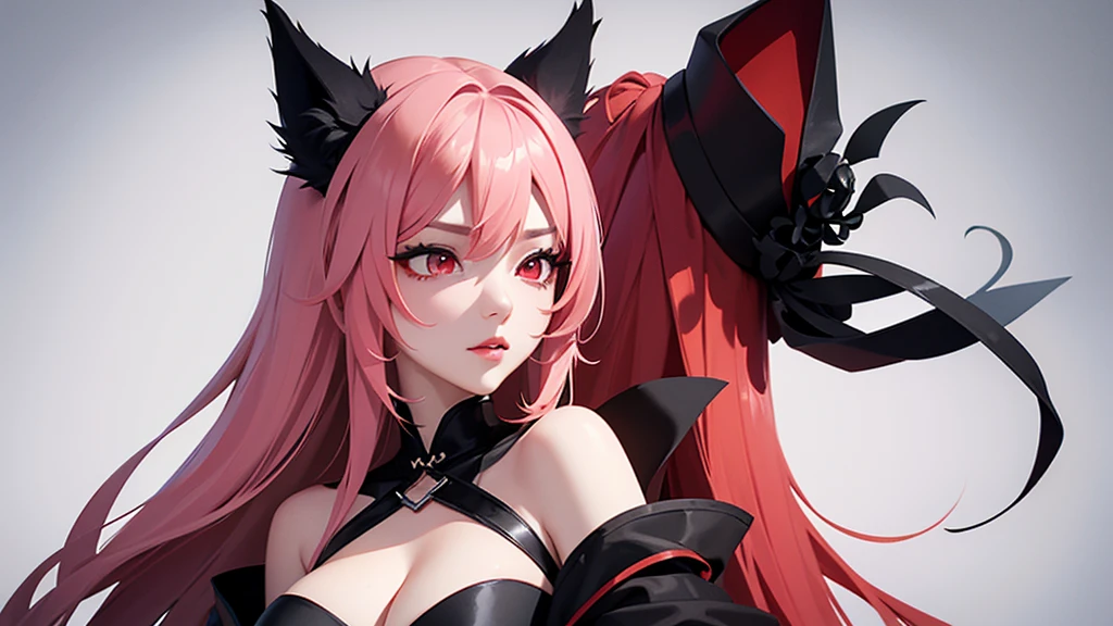 Black simple background。
A lustful virgin sits drunk and red faced。
Long light pink hair and wolf ears。Red eyes。Heavy makeup。
Ninja costume with main color black and sub color red。
Side angle close-up of cleavage。
Draw hands in detail。
