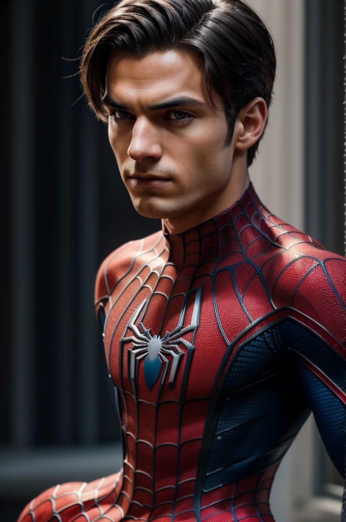 A photograph of Spider-Man., sin mascara, the 20s, elegant, detailed face, looking to the camera, portrait, 8k hd, high quality