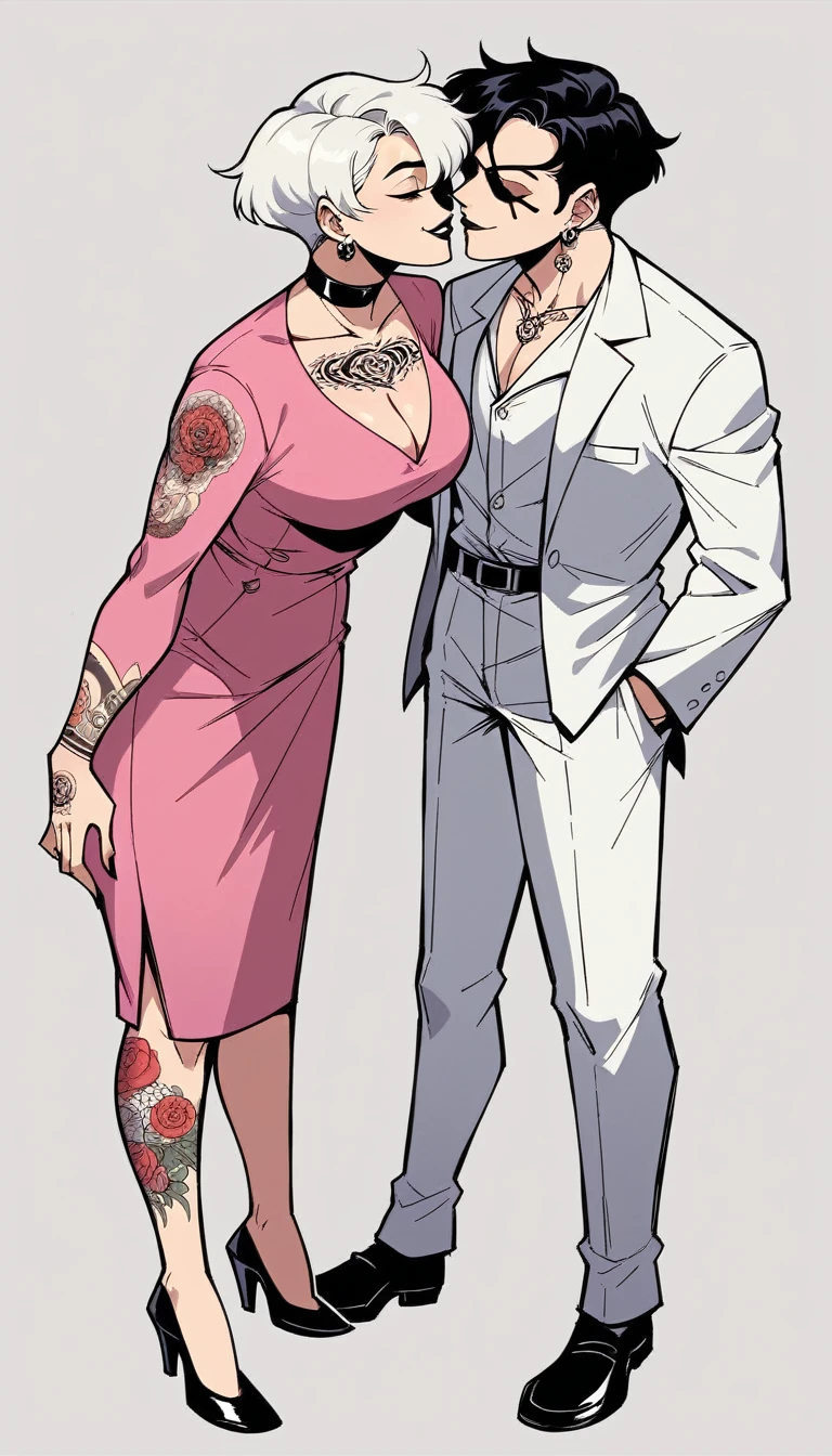 tall white hair woman, white short hair, tall woman, eyepatch, white suit, black lipstick, golden chocker, tattoos, kissing mouuth, huging with a japanese woman, long straight black hair, black chocker, long black necklaces, pink suit, tattoos, black mouth, smile, full body, jim lee art style, comics art style