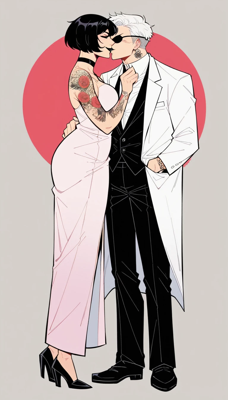 tall white hair woman, white short hair, tall woman, eyepatch, white suit, black lipstick, golden chocker, tattoos, kissing mouuth, huging with a japanese woman, long straight black hair, black chocker, long black necklaces, pink suit, tattoos, black mouth, smile, full body, jim lee art style, comics art style
