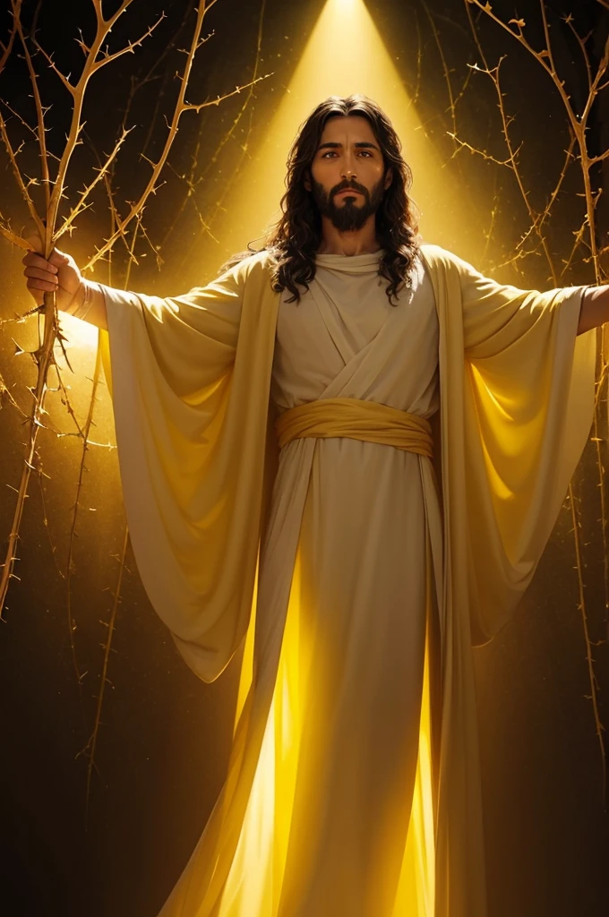 Create an image of Jesus Christ with a yellow aura behind and a chorus of thorns behind as well , the drawing must be