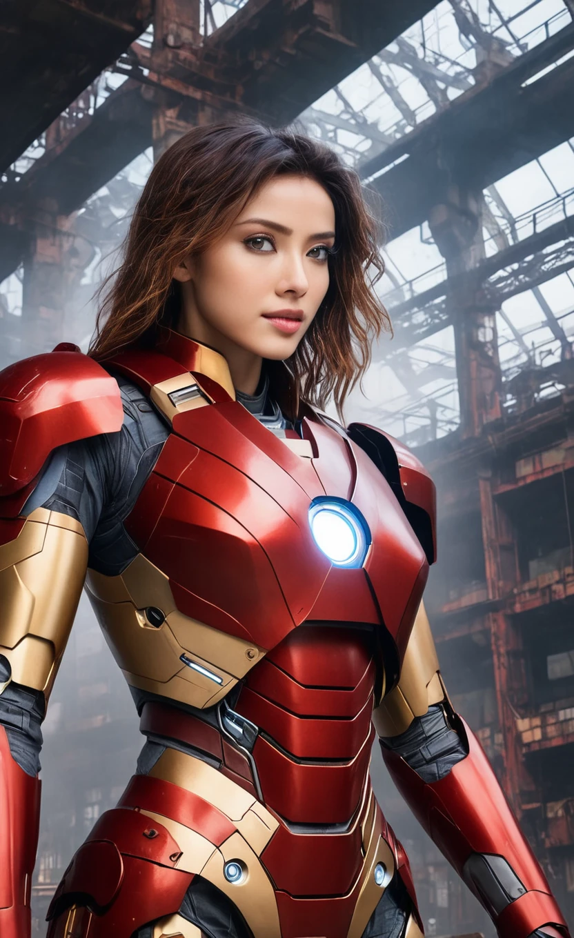 nanx, (1girl:1.3), solo,__body-parts__, official art, unity 8k wallpaper, ultra detailed, beautiful and aesthetic, beautiful, masterpiece, best quality, RAW, masterpiece, super fine photo,, best quality, super high Resolution, photorealistic, sunlight, full body portrait, stunningly beautiful,, dynamic pose, delicate face, vibrant eyes, (side view), she is wearing a futuristic Iron Man mech, red and gold, Highly detailed abandoned warehouse background, detailed face, detailed complex busy background, messy, gorgeous, milky, high detailed skin, realistic skin details, visible pores, sharp focus, volumetric fog, 8k uhd, dslr camera, High quality, film grain, fair skin, photorealism, lomography, sprawling metropolis in a futuristic dystopia, view from below, translucent, full body 