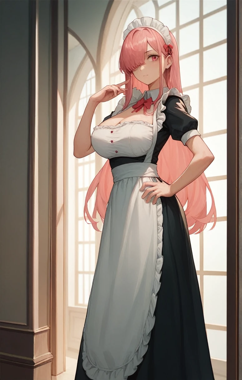 best quality, Very detailed, masterpiece, Japanese cartoons,best quality,Pink long hair，Bangs covering one eye，Big breasts,，Maid costume,Dynamic poses,corridor,Place one hand on your hip,The other hand strokes the hair，