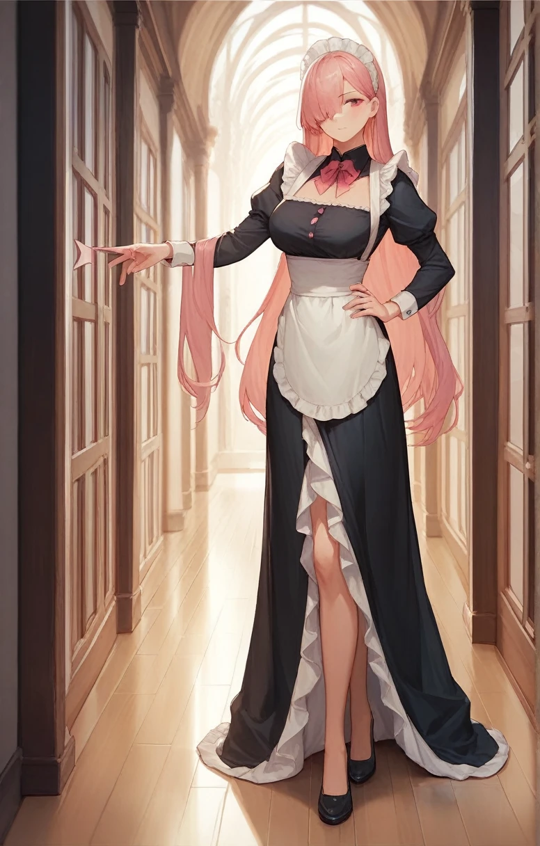 best quality, Very detailed, masterpiece, Japanese cartoons,best quality,Pink long hair，Bangs covering one eye，Big breasts,，Maid costume,Dynamic poses,corridor,Place one hand on your hip,The other hand strokes the hair，