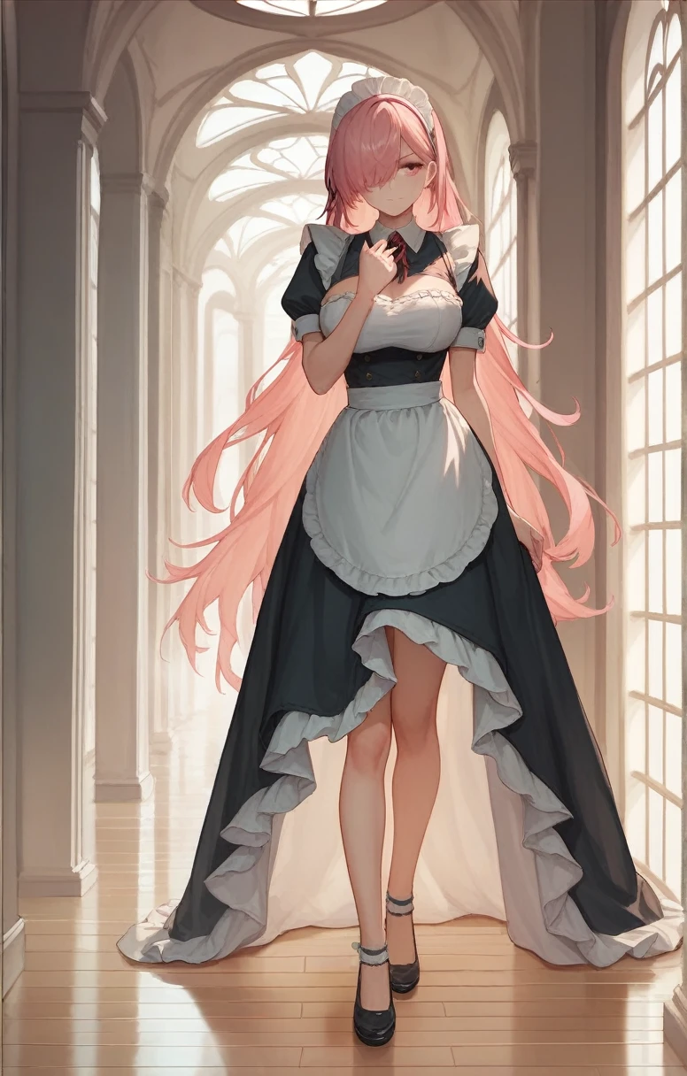 best quality, Very detailed, masterpiece, Japanese cartoons,best quality,Pink long hair，Bangs covering one eye，Big breasts,，Maid costume,Dynamic poses,corridor,Place one hand on your hip,The other hand strokes the hair，