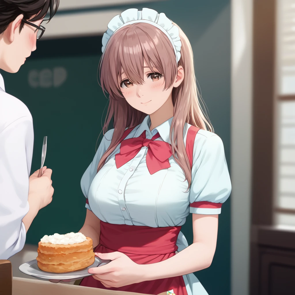 score_9,score_8_up,score_7_up,masterpiece,best quality, source anime, photorealistic, hyperrealistic, 8k,photo,raw,super detailed, extreme detailed, rating_explicit, 
1girl, waitress, standing, 
BREAK girl, shouko nishimiya, 18yo, long hair, bangs between eyes, brown eyes, (large breasts:0.9),
shiny hair, beautiful detailed eyes, beautiful face,
BREAK (frilled orange waitress uniform:1.3), headdress,
embarrassed, blush, smile, modern cafe