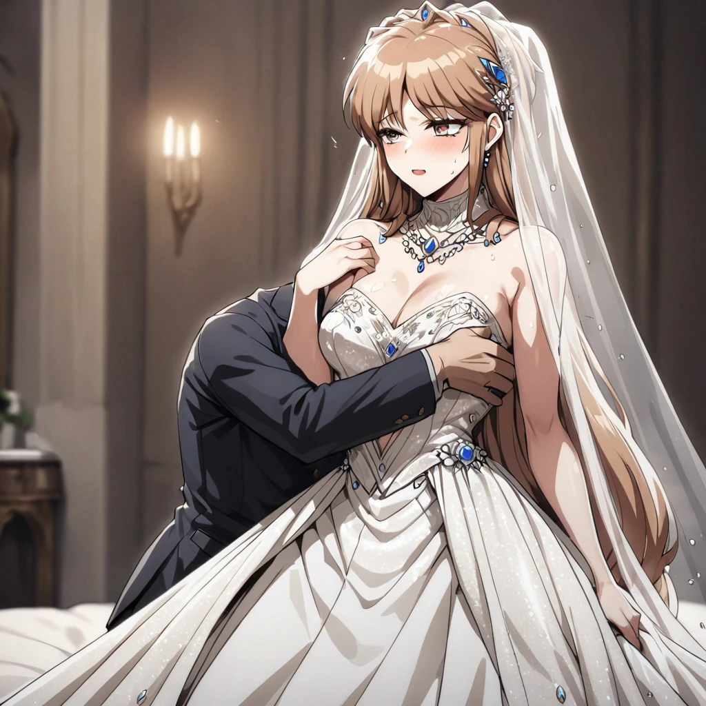 ((Highest quality)), ((masterpiece)), (detailed), （Perfect Face）、The woman is Princess Leona, who is having sex with a strong, dignified, old, male general who is a villain. She has medium-long light brown hair, and is wearing a gorgeous, glittering, jeweled wedding dress and wedding veil. She is embracing and having sex with the strong, dignified, old, male general in a luxurious bed.、The woman has medium-long hair, is brainwashed, has no expression, and has no highlights in her eyes.