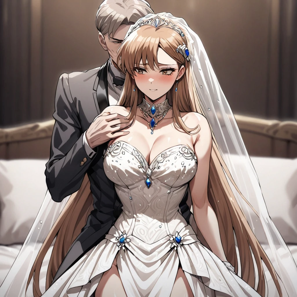 ((Highest quality)), ((masterpiece)), (detailed), (Perfect Face)、The woman is Princess Leona, who is having sex with a strong, dignified, old, male general who is a villain. She has medium-long light brown hair, and is wearing a gorgeous, glittering, jeweled wedding dress and wedding veil. She is embracing and having sex with the strong, dignified, old, male general in a luxurious bed.、The woman has medium-long hair, is brainwashed, has no expression, and has no highlights in her eyes.