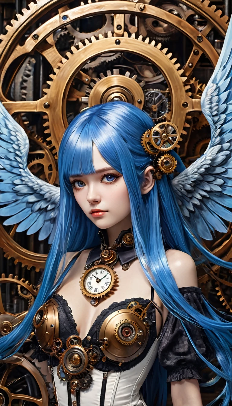 realistic highly detailed oil painting, 1girl, asymmetrical wings, long blue hair, houjuu nue, Wambu, Wambu_Draws, detailed clockwork background, intricate gears, steampunk, dramatic lighting, cinematic, moody atmosphere, vivid colors, masterpiece, (best quality,8k,highres,masterpiece:1.2),ultra-detailed,(realistic,photorealistic,photo-realistic:1.37),studio lighting,extreme detail description,professional