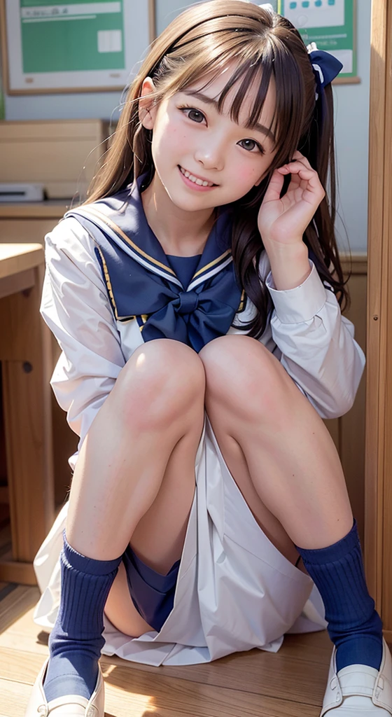 Highest quality,masterpiece:1.3,Ultra-high resolution),(Ultra high definition、Caustics) (Photorealistic:1.4、RAW shooting、)Ultra-realistic capture、Very detailed、Natural skin texture、masterpiece、(Junior high school sailor uniform:1.3)、One Japanese girl、Adorable expression、Happy expression、、Young face、Amazingly cute、Twin tails、Curly Hair、Black Hair、Scrunchie、Thinning、Medium breast、Junior high  classroom、S thighs、Summer sunshine、smile、An inviting gaze、Cowboy Shot