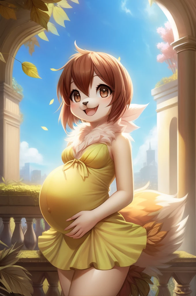 by woolrool,,, Kari_Kamiya furry, detailed and extremely fluffy body fur, fluff, masterpiece, looking up beautiful surroundings, detailed background, happy, leaf-dress, short stature, sexy anthro, pregnant 