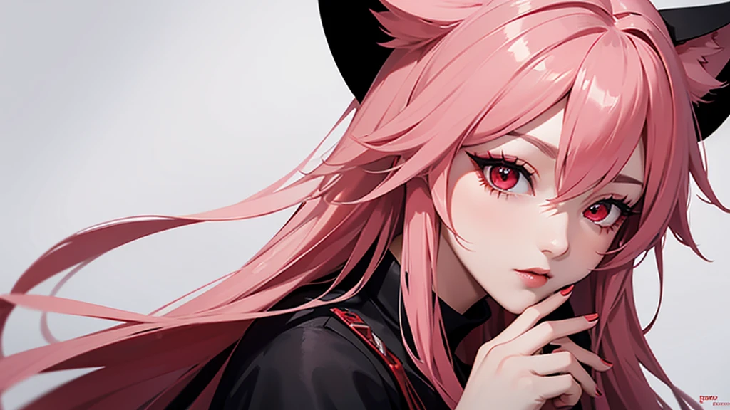 Black simple background。
A lustful virgin sits drunk and red faced。
Long light pink hair and wolf ears。Red eyes。Heavy makeup。
Ninja costume with main color black and sub color red。
Side angle close up of chest。
Draw hands in detail。