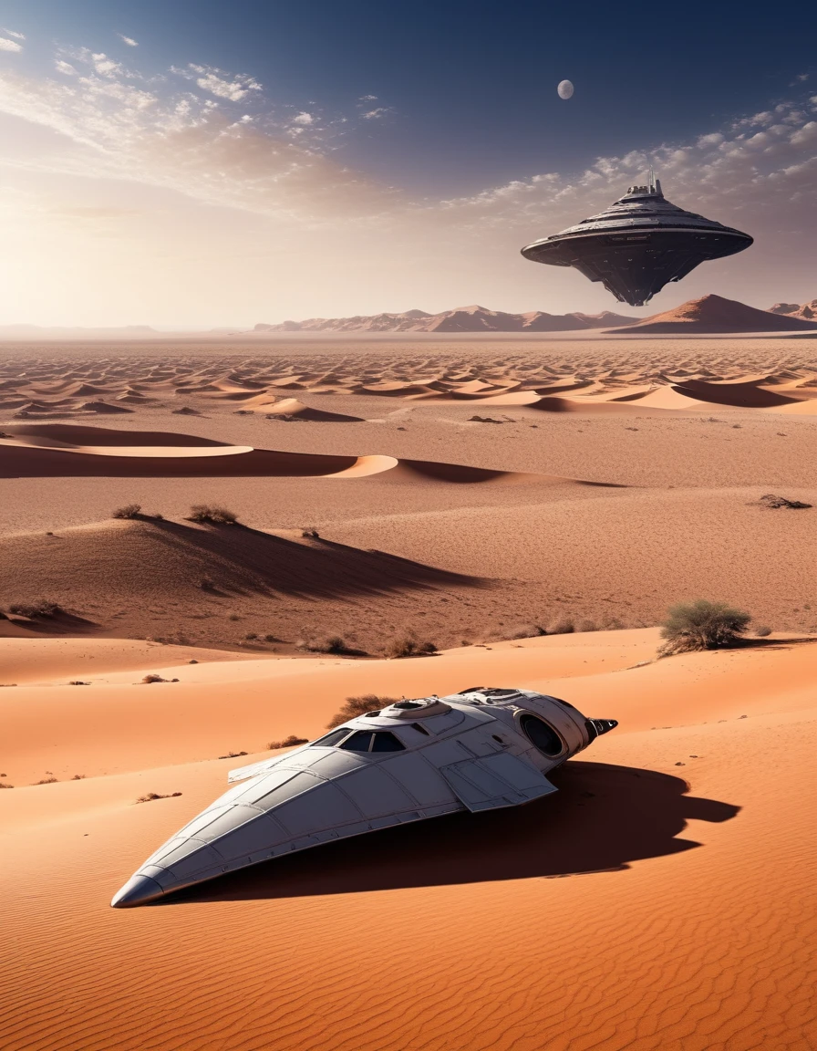 Desert landscape with a crashed space ship