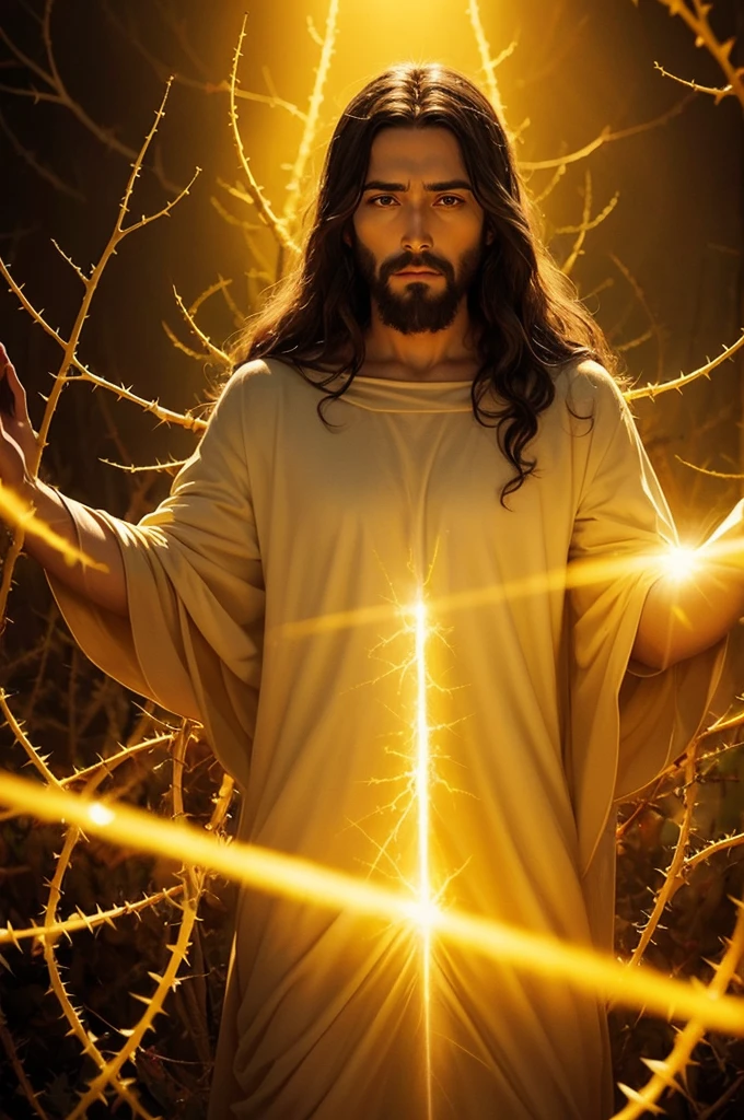 Create an image of Jesus Christ with a yellow aura behind and a chorus of thorns behind as well , the drawing must be in the form of a cartoon
