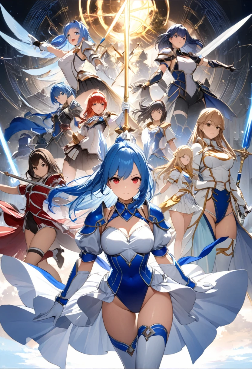 Highest quality、unity 8k wallpaper、32k、masterpiece、Very detailed、Ultra-high resolution、Very detailedな顔, RAW Photos, Professional, Ultra-fine painting,　Blue Hair、Princess Half Up、Red Eyes、２０Women in their early s、Magic Warrior、Blue and white leotard、White pleated skirt with blue lines、Half puff sleeves with shoulder pads、A large white ribbon with a large sapphire on the chest、White and blue long gloves、White and blue thigh-high stiletto boots、Full Body