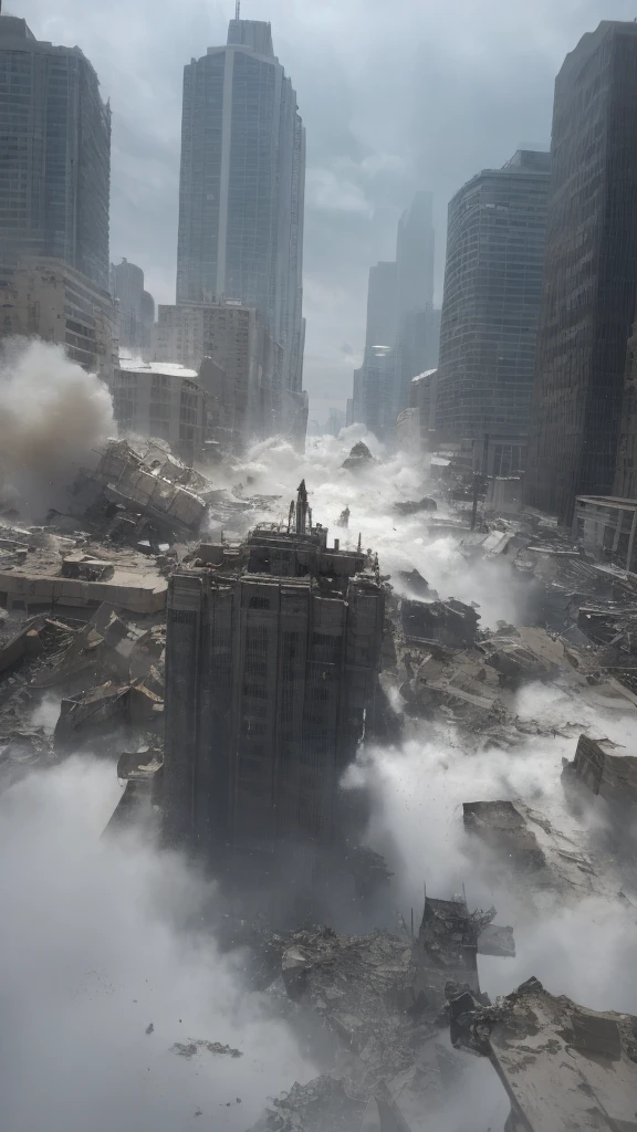 giants destroying buildings, creating clouds of dust, towering over the city, epic cinematic action scene, moody dramatic lighting, muted color palette, highly detailed, photorealistic, 8k, masterpiece, ultra-detailed, physically based rendering, compositing cinematic, dramatic shadows, volumetric lighting, dust and debris, destruction and chaos, powerful, intimidating, inspiring