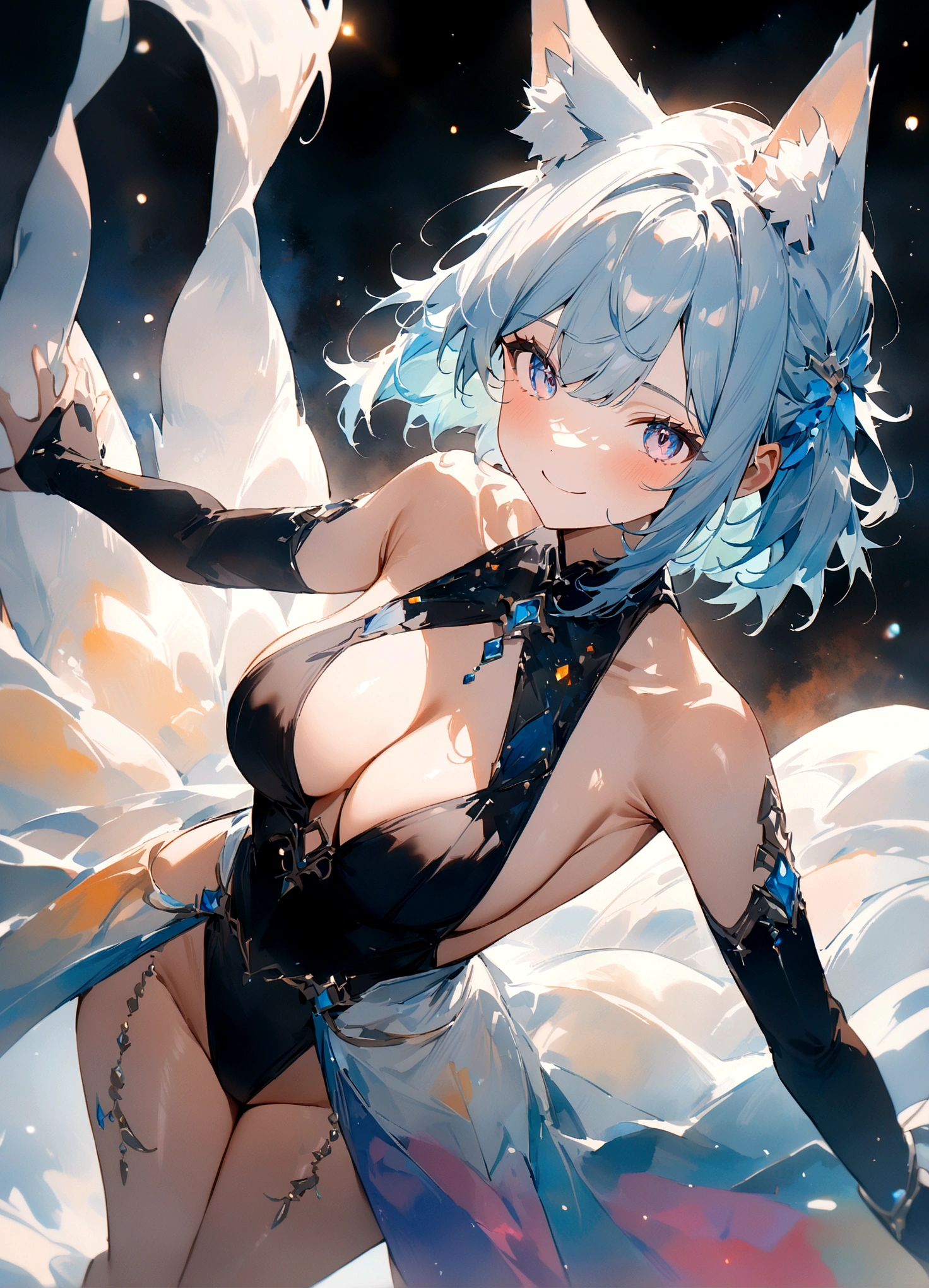 nsfw,(space action style), (Muted Tone), Delicate, Detail, Masterpiece,(colorful)illustration,(colorful)light particles, lens flare, women with smile, sideboob,shoulders,,sideless,thighs, Cowboy shot, close-up,from above, dynamic angle, dynamic pose, Artistic, memorable masterpieces, moments in history,(fantastical and mesmerizing scenery) Watercolor:1.6, Delicate, Detail, (masterpiece:1.2),(best quality:1.2),newest,intricate details, fox ears, ear hair