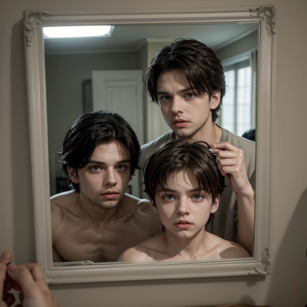 Sebastian Stan with a boy taking a photo in the mirror,((detailded)) ((aura quality))