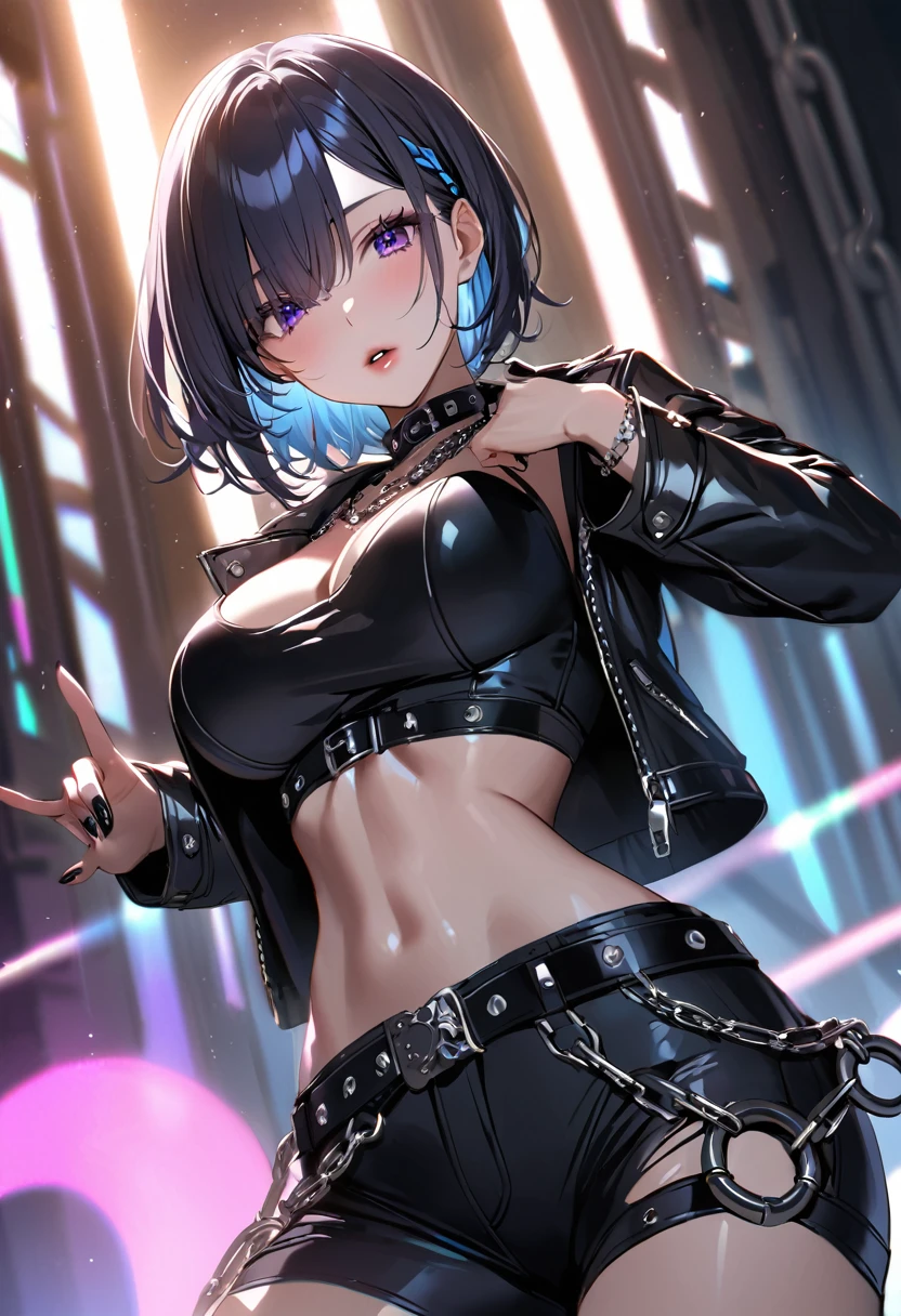 best quality, masterpiece, ultra-detailed, illustration, dynamic pose, Rem from Re:Zero, blue short hair, hair over one eye, (perfectly proportionate body), eyeliner, tired, wearing a leather jacket, covid face mask, adorned with studded accessories, platform boots, layered necklaces, bold patterns, heavy Blushing, (torn fishnets), dramatic makeup, black nail polish, oversized rings, chains and buckles, black lipstick, busty body, wearing a crop-top, close-up shot, cinematic lighting, volumetric lighting, vibrant colors, ray tracing, 