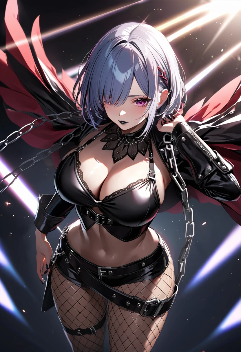 best quality, masterpiece, ultra-detailed, illustration, dynamic pose, Rem from Re:Zero, blue short hair, hair over one eye, (perfectly proportionate body), eyeliner, tired, wearing a leather jacket, covid face mask, adorned with studded accessories, platform boots, layered necklaces, bold patterns, heavy Blushing, (torn fishnets), dramatic makeup, black nail polish, oversized rings, chains and buckles, black lipstick, busty body, wearing a crop-top, close-up shot, cinematic lighting, volumetric lighting, vibrant colors, ray tracing,