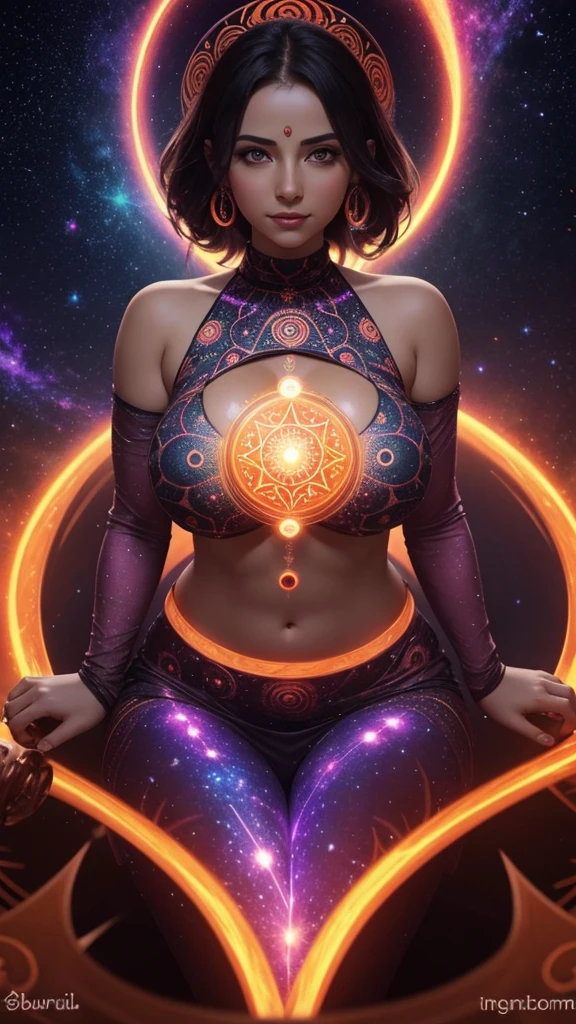 sacral chakra, spiritual glow, spiral pattern, busty, kaleidoscope, galaxy, cleavage, 2nd chakra, energy circle
