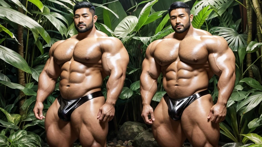 There is only one handsome Asian actor in the photo，35 years old，High target, Fitness，short hair, O-Shaped Beard，Perfect body, Dark skin color，Radiant Skin，Smooth skin，Muscle bulge, muscular, Very large pectoral muscles，Very sexy abdominal muscles，Very well-developed leg muscles，Huge concave and convex area，Brightens oily skin，Wearing a gold leather shiny thong，Handsome face， Correct and accurate male body proportions, Wear black socks，Stand in the rainforest，Lots of tropical flowers around。
