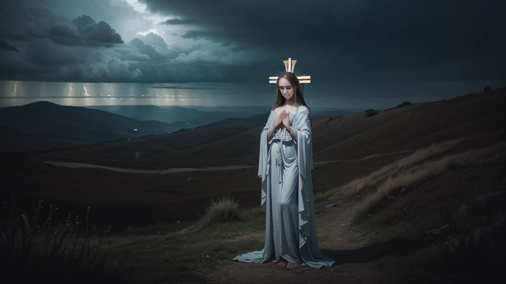 "A deeply emotional scene of the Virgin Mary standing at the foot of the cross during Jesus' crucifixion. Mary's face is filled with sorrow and unwavering faith, her hands clasped in prayer. The dark, stormy sky above and the somber atmosphere enhance the profound grief and devotion. The cross is prominently displayed, with Jesus crucified, while Mary is depicted with a flowing blue and white robe, her eyes reflecting immense pain and divine acceptance. The entire scene conveys an atmosphere of ultimate sacrifice and maternal love, set in a realistic, photographic style --ar 16:9 --v 6.0 --style raw --s 0"