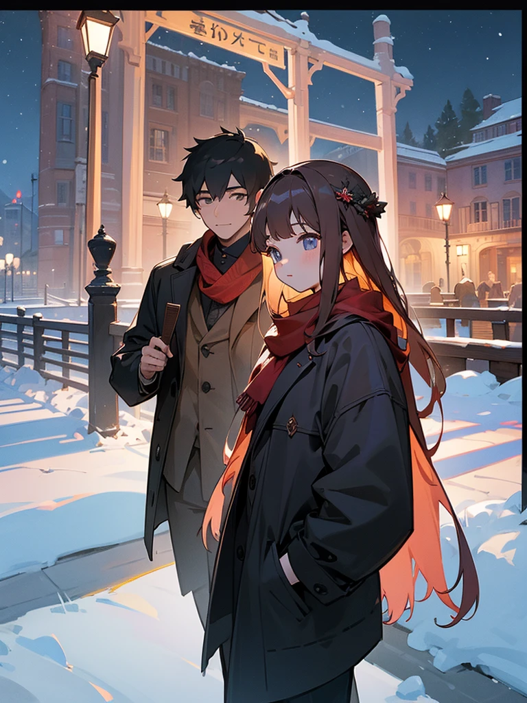 Highest quality、masterpiece、8K、men and women、Winter Dating、((front:1.4))、Are standing、night、Side by side、In town