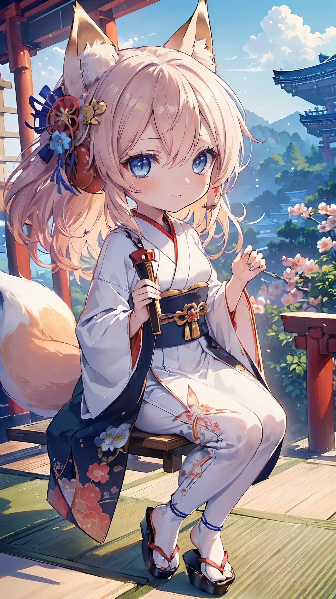 (((Masterpiece))), (((Highest quality))), ((Ultra-detailed)), ((Super fine illustration)), ((Ultra-fine painting)), (16K highest quality wallpaper:1.4), (Chibi:2.0), (Full body:1.6), HDR, (Highly detailed and delicate illustration style:1.8), Detailed skin texture, Detailed cloth texture, Extreme detailed description, (T-masterpiece), (Highly detailed face:1.2), (Highly detailed fox ears:1.2), (Highly detailed shiny golden brown half updo:1.2), (Highly detailed clear blue eyes:1.2), Original, RAW photo, Professional, Intricate details, Super details, Direct light:1.6, (Perfect anatomy:1.4), (Highly detailed hands:1.2), (Highly detailed fingers:1.2), (Highly detailed fingertips:1.2), (27-years-old), Real, (Solo:1.8), ((A very beautiful and attractive fox fashion model with blue eyes wearing a bright red furisode with a floral pattern:1.4)) BRAKE (Beautiful and adorable fox ears:1.6), (Highly detailed and delicate fox ears:1.4), (Beautiful and well-shaped big breasts:1.2), (Beautiful and well-shaped buttocks), (Beautiful and shiny golden brown half updo:1.4), (Highly detailed and delicate golden brown half updo:1.2), (Beautiful clear blue eyes that shine with great detail:1.6), (Highly detailed and delicate blue eyes:1.2), (Highly detailed face:1.4), (Smile:1.5), (Blush:1.4), (Looking at viewer:1.4), (Celebration:1.4) BRAKE (Bright red furisode with floral pattern:1.4), (Japanese traditional costume:1.2) BRAKE (Concept art:1.2), (Detailed fantasy art:1.2) BRAKE (Highly detailed and delicate Ise Grand Shrine in Mie Prefecture in the background just after noon:1.6), (Celebration:1.4), Ise Grand Shrine:1.4, Torii gate of Ise Shrine:1.4, Very beautiful in the sunny sky background just after noon:1.4 BRAKE 