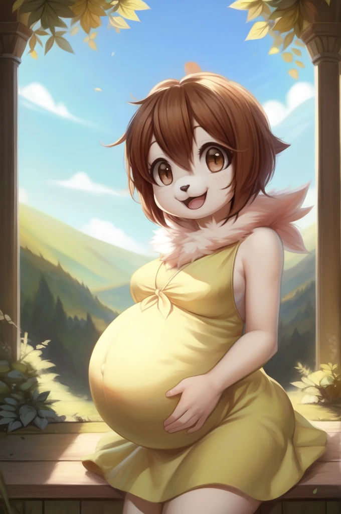 by woolrool,,, Kari_Kamiya furry, detailed and extremely fluffy body fur, fluff, masterpiece, looking up beautiful surroundings, detailed background, happy, leaf-dress, short stature, sexy anthro, pregnant 