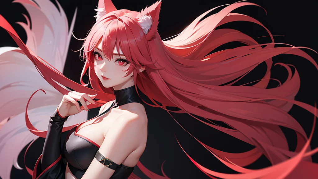 Black simple background。
A lustful virgin sits drunk and red faced。
Long light pink hair and wolf ears。Red eyes。Heavy makeup。
Ninja costume with main color black and sub color red。
Side angle close up of chest。
Draw hands in detail。