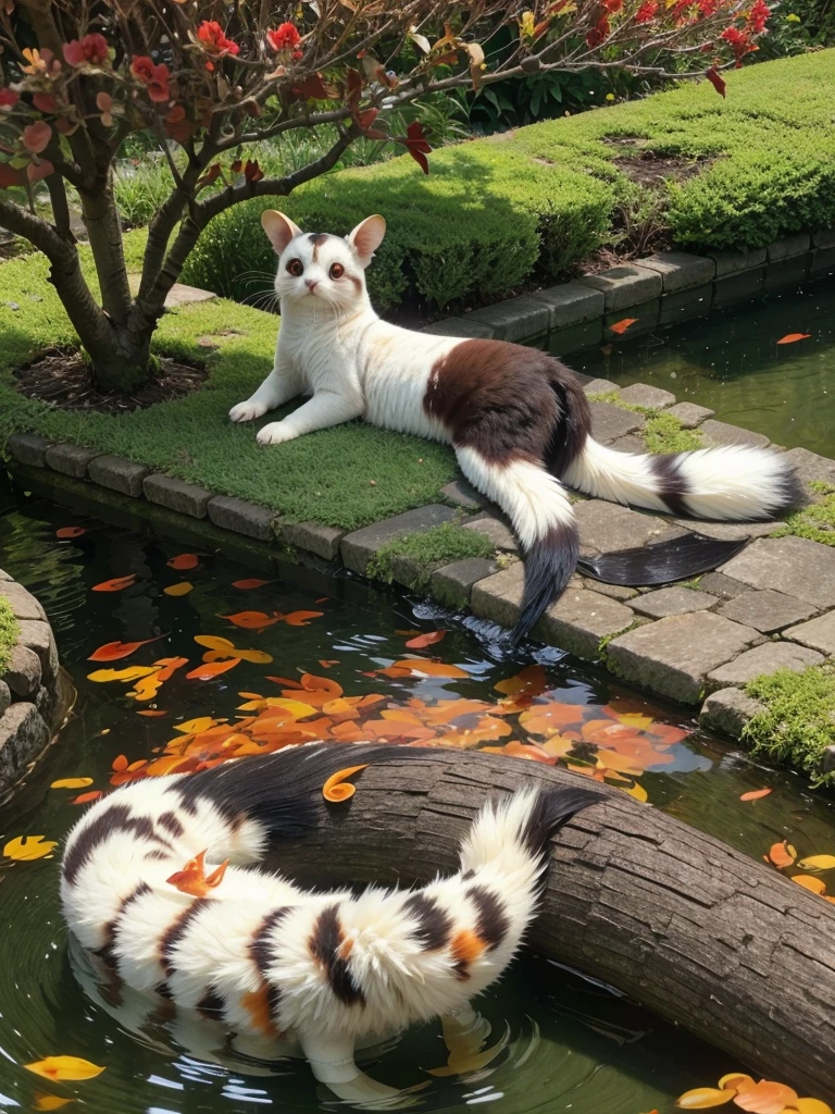 a cute furret lying on leaves of a Japanese walnut tree, with red flowers in the garden and a koi pond