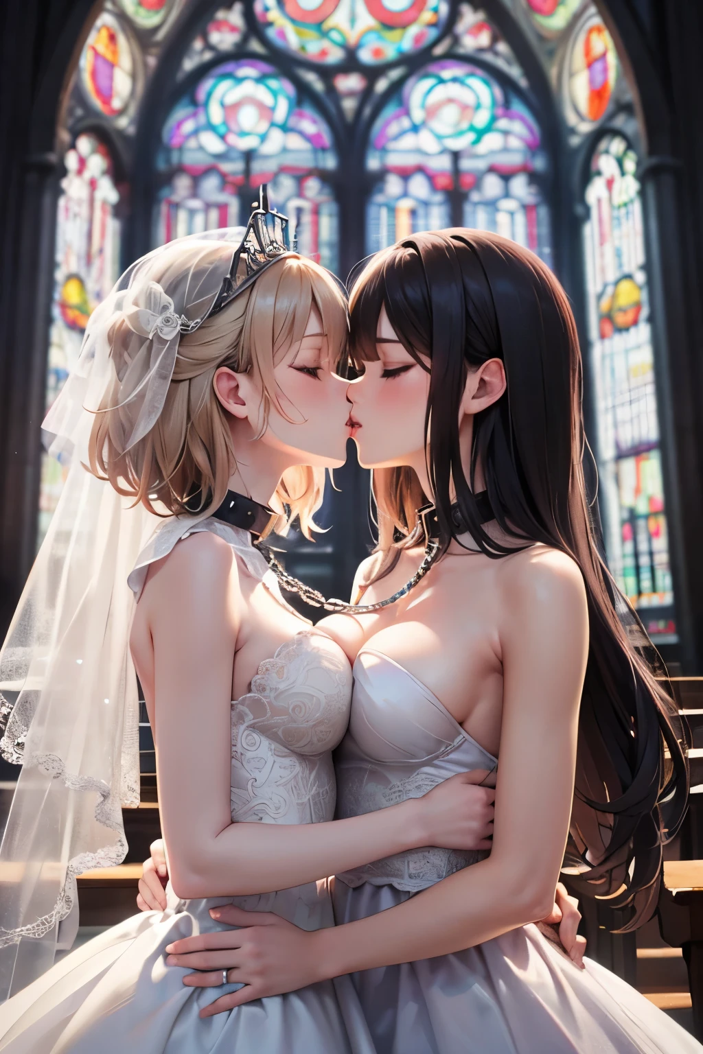 cowboy shot, yuri, 2girls, (kiss), closed eyes, linked collar, large breasts, wedding dress, bare breasts, skindantation, Tiara, ヴェール, shy, red cheek, in church, stained glass, sunbeam, rosary, masterpiece, high quality, best quality, beautiful, hd, perfect lighting, detailed face, detailed body, masterpiece, best quality, intricate details, 8k uhd, perfect face, perfect eyes