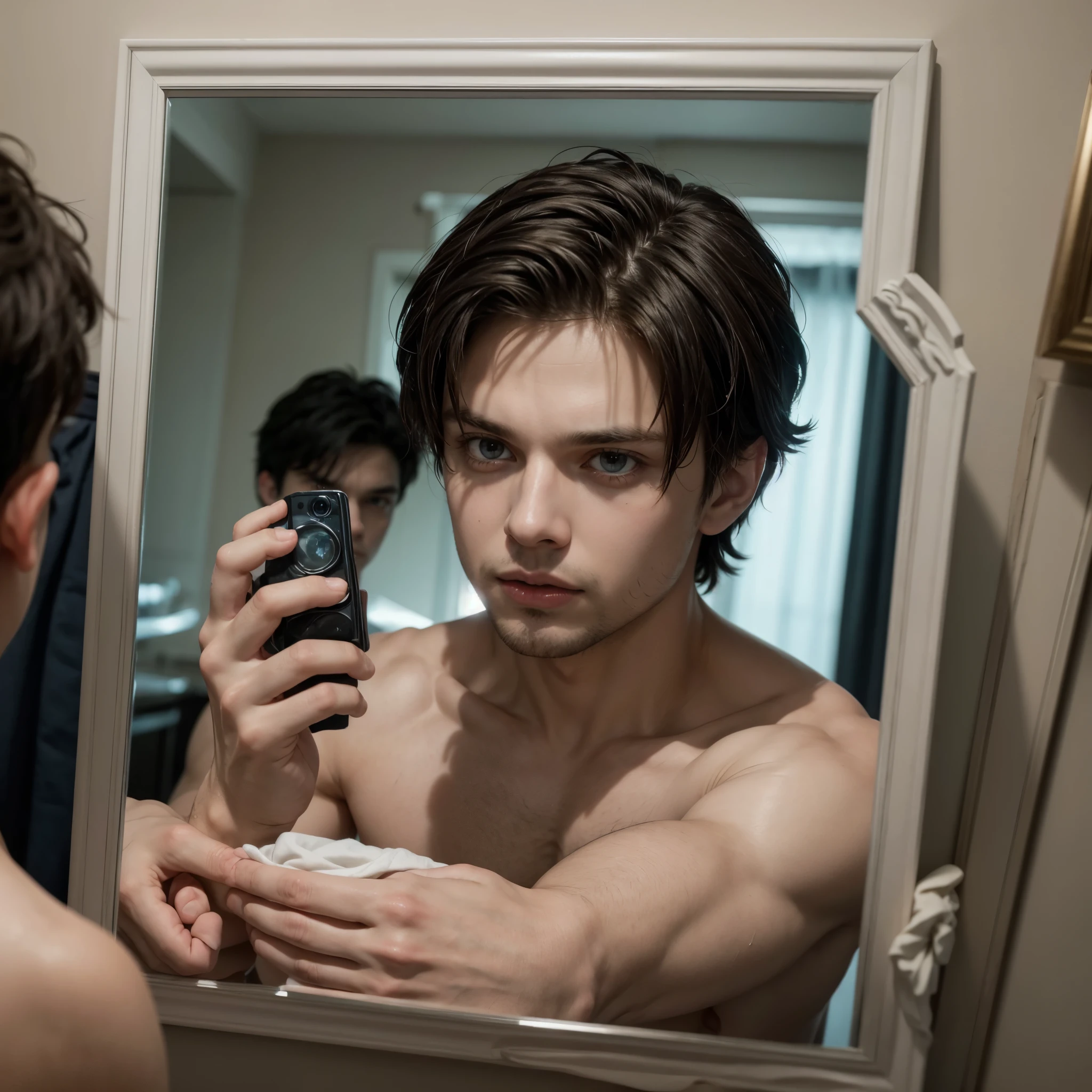 Sebastian Stan with a boy taking a photo in the mirror,((detailded)) ((aura quality))
