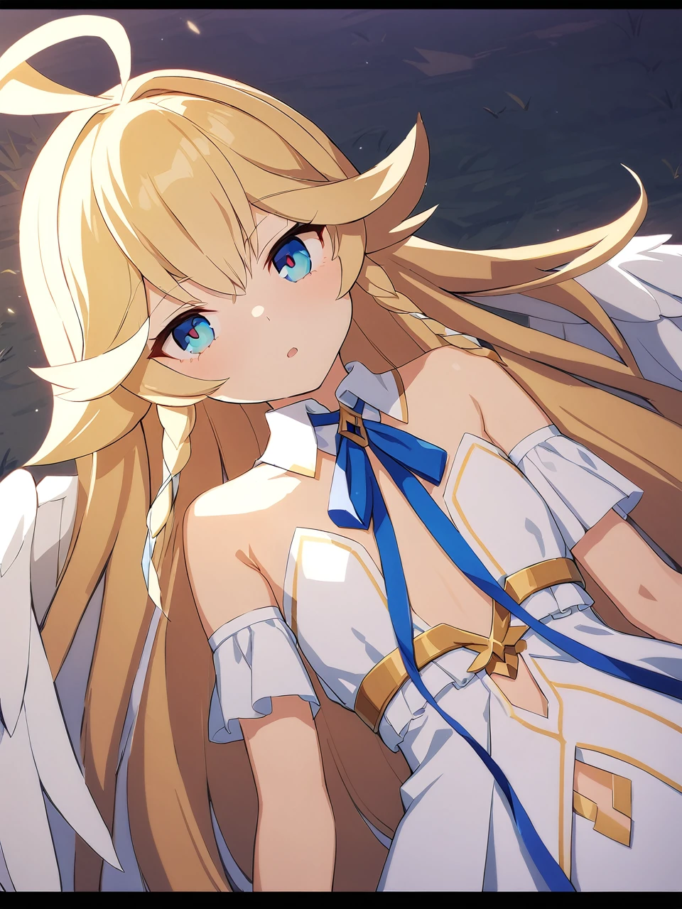 Zaora, blue eyes, (Variegated eyes:0.5), Blonde, Very long hair, Twin Blade, bangs, Ahoge, Hello, Angel, Flat Chest, White Dress, Belly button cutout, Detachable collar, Strapless, Neck ribbon, Bare shoulders, Angel wings, barefoot, One girl, Solo Break Space, grassland, Lying down, Upper Body, Depth of written boundary, Cinematic, masterpiece, Highest quality, Game CG
