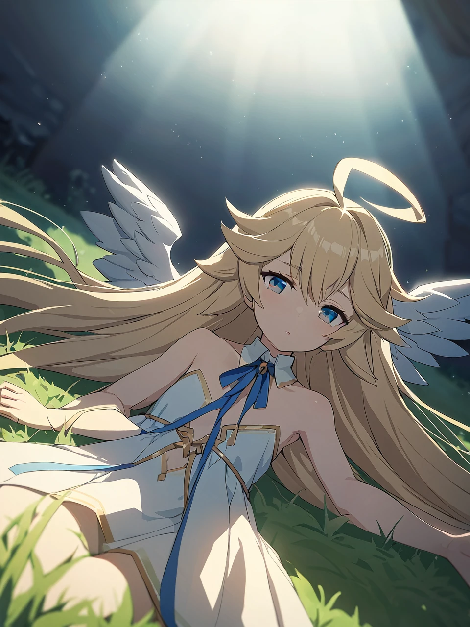 Zaora, blue eyes, (Variegated eyes:0.5), Blonde, Very long hair, Twin Blade, bangs, Ahoge, Hello, Angel, Flat Chest, White Dress, Belly button cutout, Detachable collar, Strapless, Neck ribbon, Bare shoulders, Angel wings, barefoot, One girl, Solo Break Space, grassland, Lying down, Upper Body, Depth of written boundary, Cinematic, masterpiece, Highest quality, Game CG