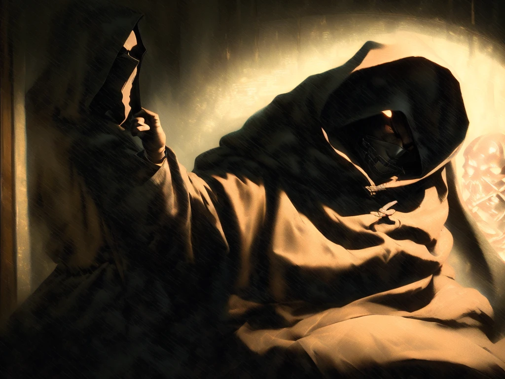 arafed man in a hoodedie sitting in a dimly lit room, hooded figure, hooded figure surreal, hooded figures, clothed in hooded, dark cloaked figure, cloaked, wearing a dark hood, wearing a hooded cloak, dimly - lit, hood and shadows covering face, hooded cloaked sith lord, hooded, dimly lit