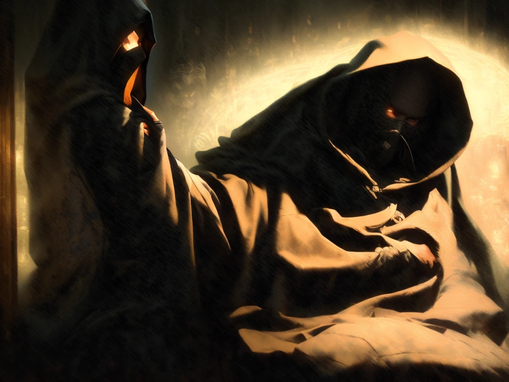 arafed man in a hoodedie sitting in a dimly lit room, hooded figure, hooded figure surreal, hooded figures, clothed in hooded, dark cloaked figure, cloaked, wearing a dark hood, wearing a hooded cloak, dimly - lit, hood and shadows covering face, hooded cloaked sith lord, hooded, dimly lit