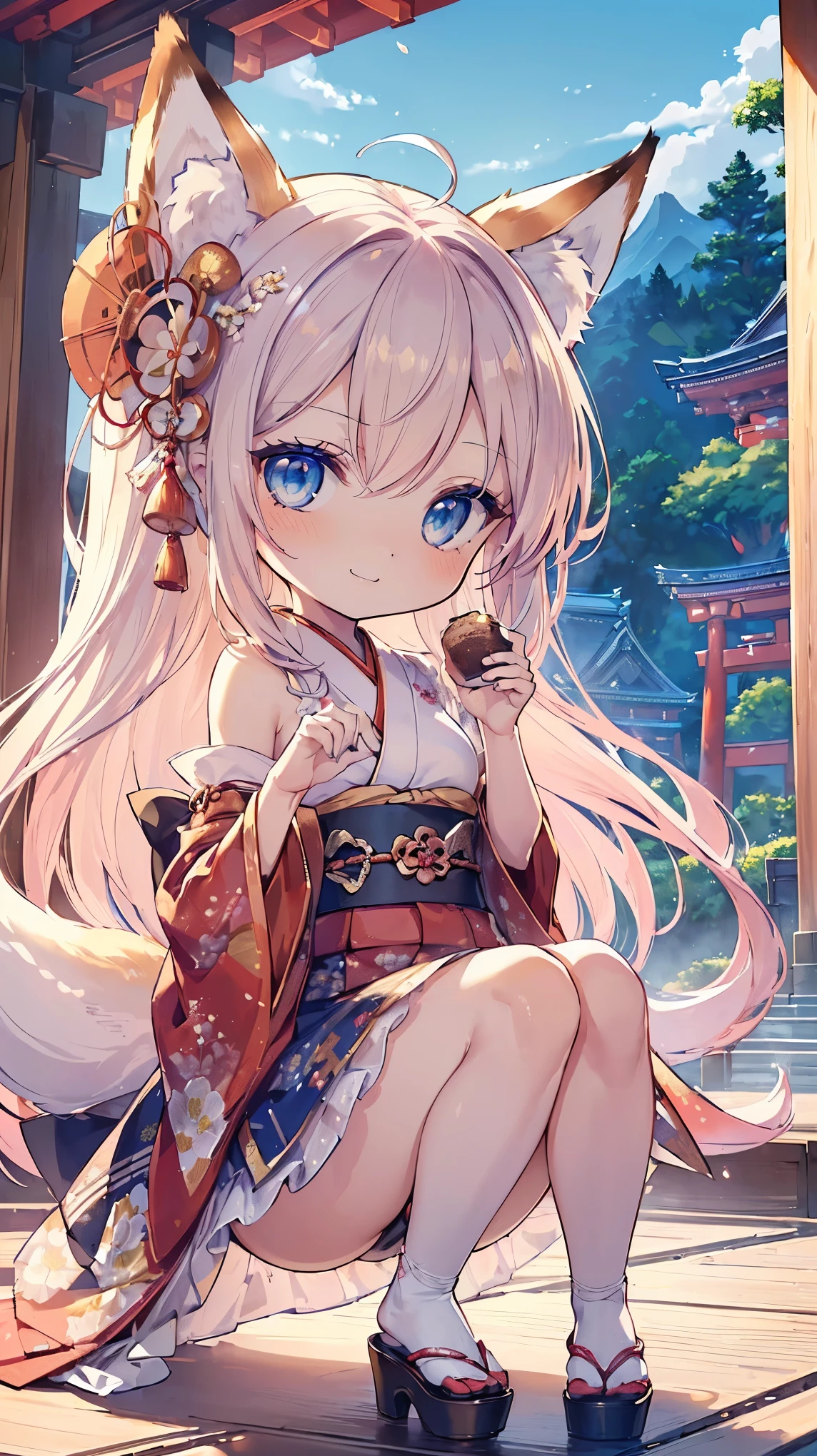 (((Masterpiece))), (((Highest quality))), ((Ultra-detailed)), ((Super fine illustration)), ((Ultra-fine painting)), (16K highest quality wallpaper:1.4), (Chibi:2.0), (Full body:1.6), HDR, (Highly detailed and delicate illustration style:1.8), Detailed skin texture, Detailed cloth texture, Extreme detailed description, (T-masterpiece), (Highly detailed face:1.2), (Highly detailed fox ears:1.2), (Highly detailed shiny golden brown half updo:1.2), (Highly detailed clear blue eyes:1.2), Original, RAW photo, Professional, Intricate details, Super details, Direct light:1.6, (Perfect anatomy:1.4), (Highly detailed hands:1.2), (Highly detailed fingers:1.2), (Highly detailed fingertips:1.2), (27-years-old), Real, (Solo:1.8), ((A very beautiful and attractive fox fashion model with blue eyes wearing a bright red furisode with a floral pattern:1.4)) BRAKE (Beautiful and adorable fox ears:1.6), (Highly detailed and delicate fox ears:1.4), (Beautiful and well-shaped big breasts:1.2), (Beautiful and well-shaped buttocks), (Beautiful and shiny golden brown half updo:1.4), (Highly detailed and delicate golden brown half updo:1.2), (Beautiful clear blue eyes that shine with great detail:1.6), (Highly detailed and delicate blue eyes:1.2), (Highly detailed face:1.4), (Smile:1.5), (Blush:1.4), (Looking at viewer:1.4), (Celebration:1.4) BRAKE (Bright red furisode with floral pattern:1.4), (Japanese traditional costume:1.2) BRAKE (Concept art:1.2), (Detailed fantasy art:1.2) BRAKE (Highly detailed and delicate Ise Grand Shrine in Mie Prefecture in the background just after noon:1.6), (Celebration:1.4), Ise Grand Shrine:1.4, Torii gate of Ise Shrine:1.4, Very beautiful in the sunny sky background just after noon:1.4 BRAKE
