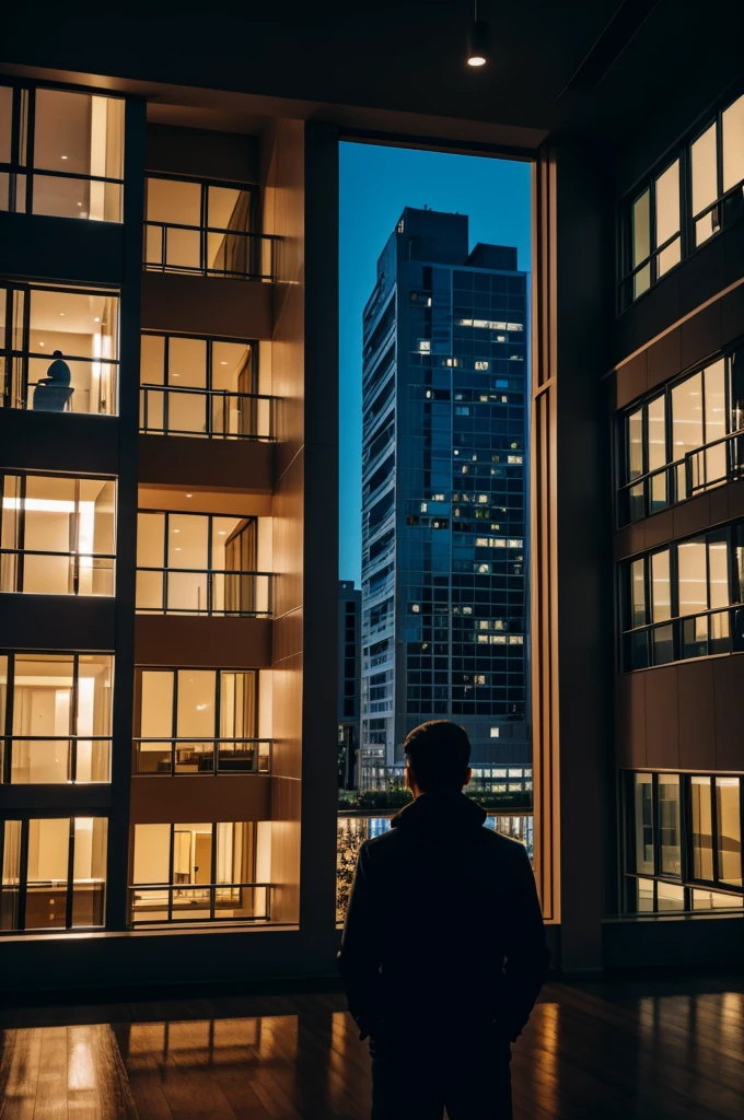 Image of someone in a building watching the evening