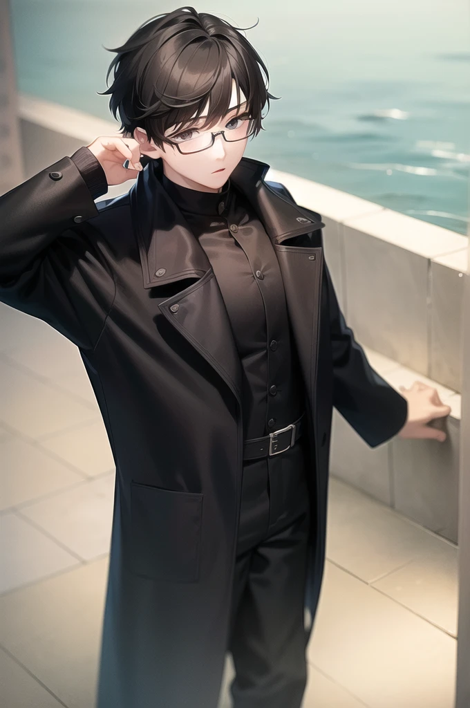 Boy with glasses wearing black coat