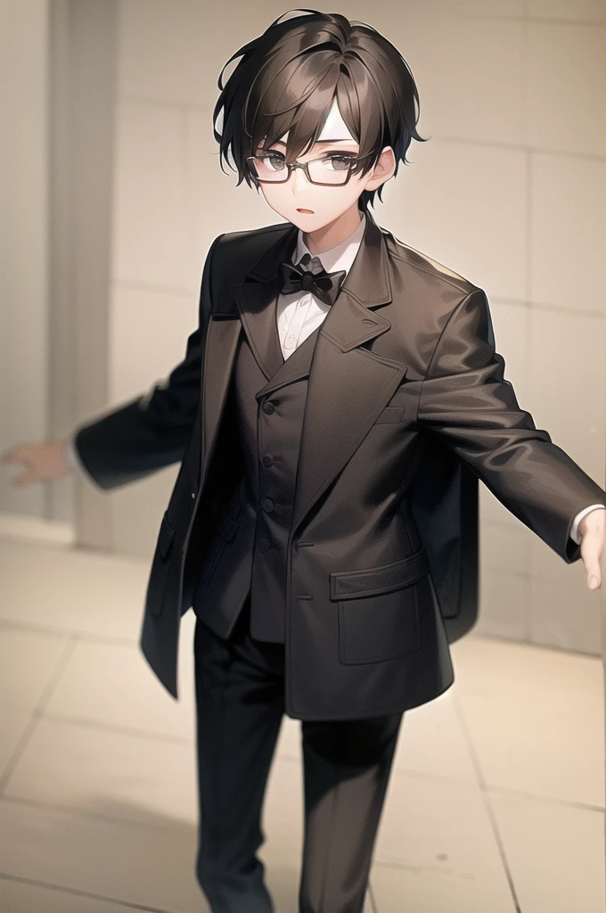 Boy with glasses wearing black coat