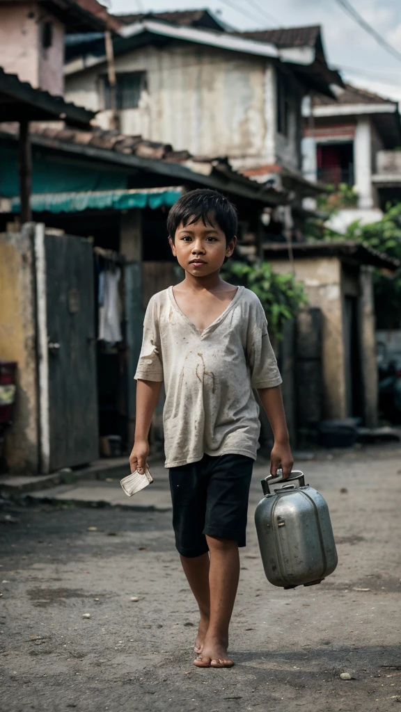 original photo. a 6 year old boy with an Indonesian face. wearing a slightly loose white t-shirt. black shorts. barefoot. holding an empty jerry can. and a piece of money. Walking in the village, there are many houses whose eyes look up as if they are thinking about something. confusion. best quality. reallife.